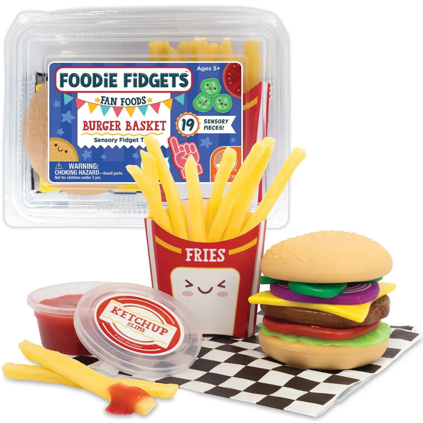 Foodie Fidgets Fan Foods: Squishy Burger Basket with 19 Tactile Sensory Pieces & Slime