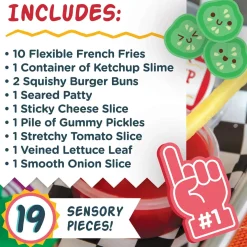 Foodie Fidgets Fan Foods: Squishy Burger Basket with 19 Tactile Sensory Pieces & Slime