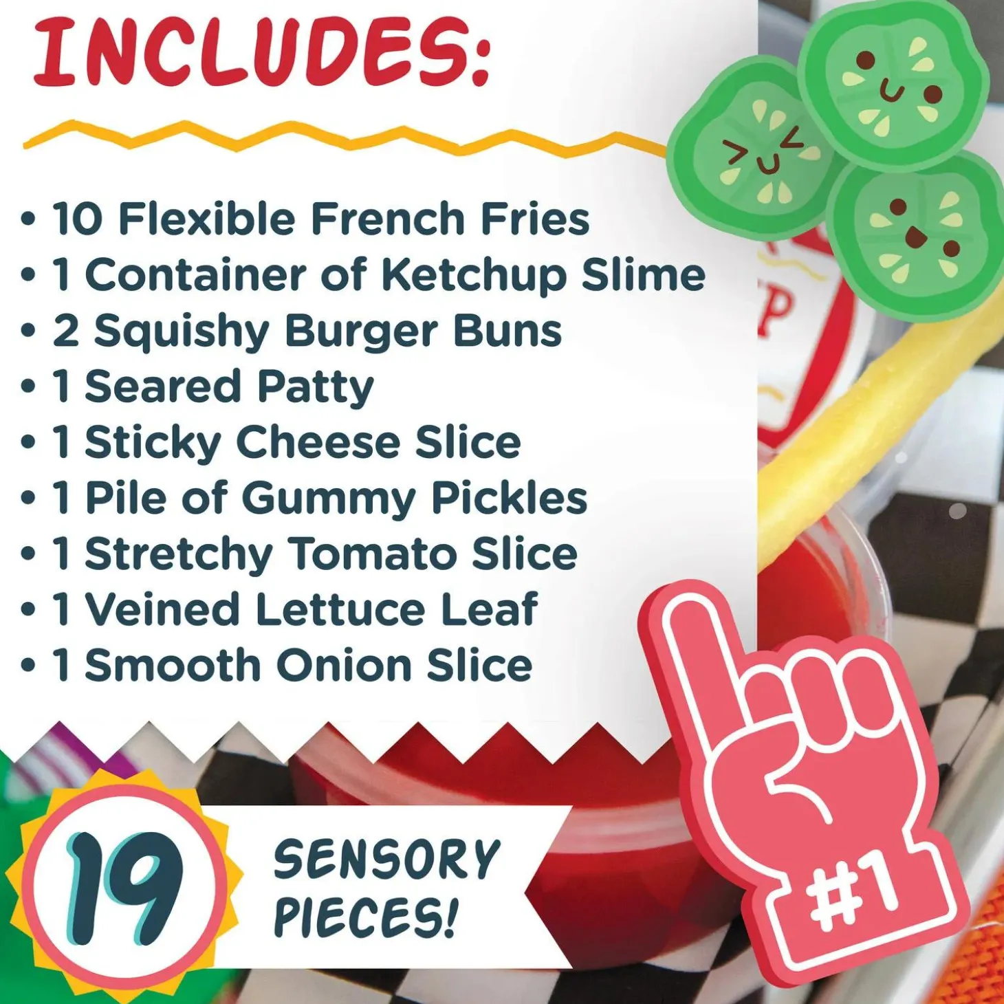 Foodie Fidgets Fan Foods: Squishy Burger Basket with 19 Tactile Sensory Pieces & Slime