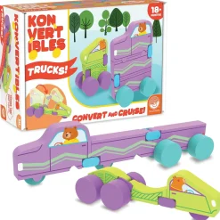 Konvertibles Transforming Wooden Trucks – 2-Piece Flip & Change Vehicle Set with Portable 3-D Roadway Play Scene