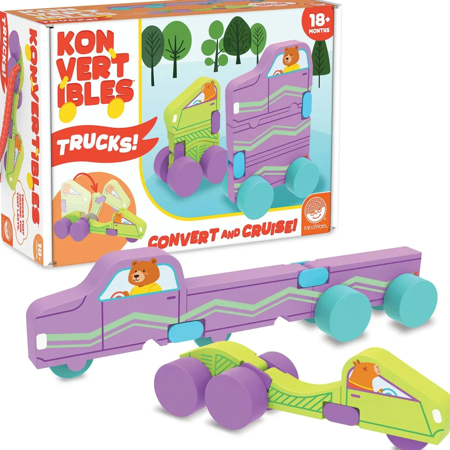 Konvertibles Transforming Wooden Trucks – 2-Piece Flip & Change Vehicle Set with Portable 3-D Roadway Play Scene