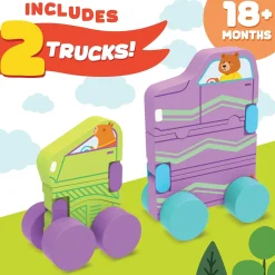 Konvertibles Transforming Wooden Trucks – 2-Piece Flip & Change Vehicle Set with Portable 3-D Roadway Play Scene