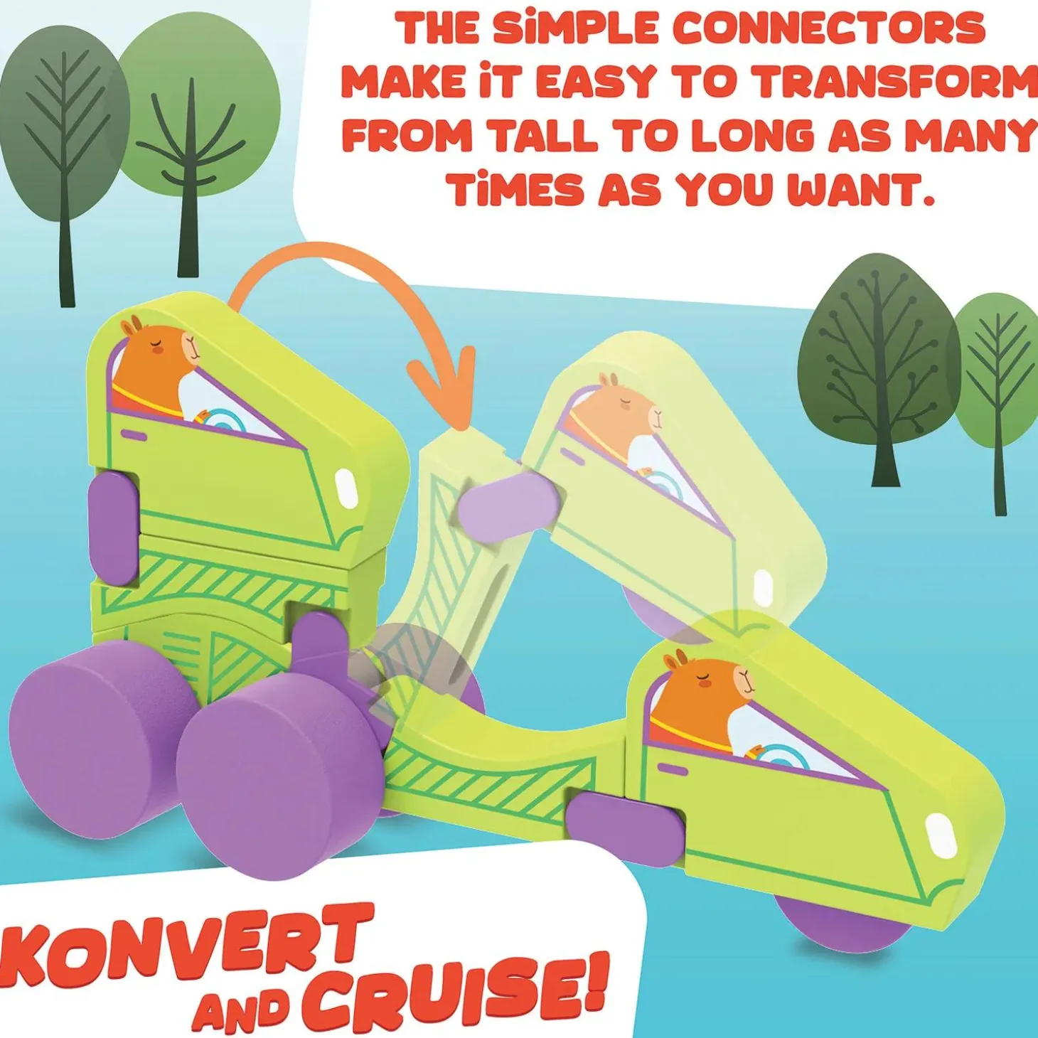 Konvertibles Transforming Wooden Trucks – 2-Piece Flip & Change Vehicle Set with Portable 3-D Roadway Play Scene