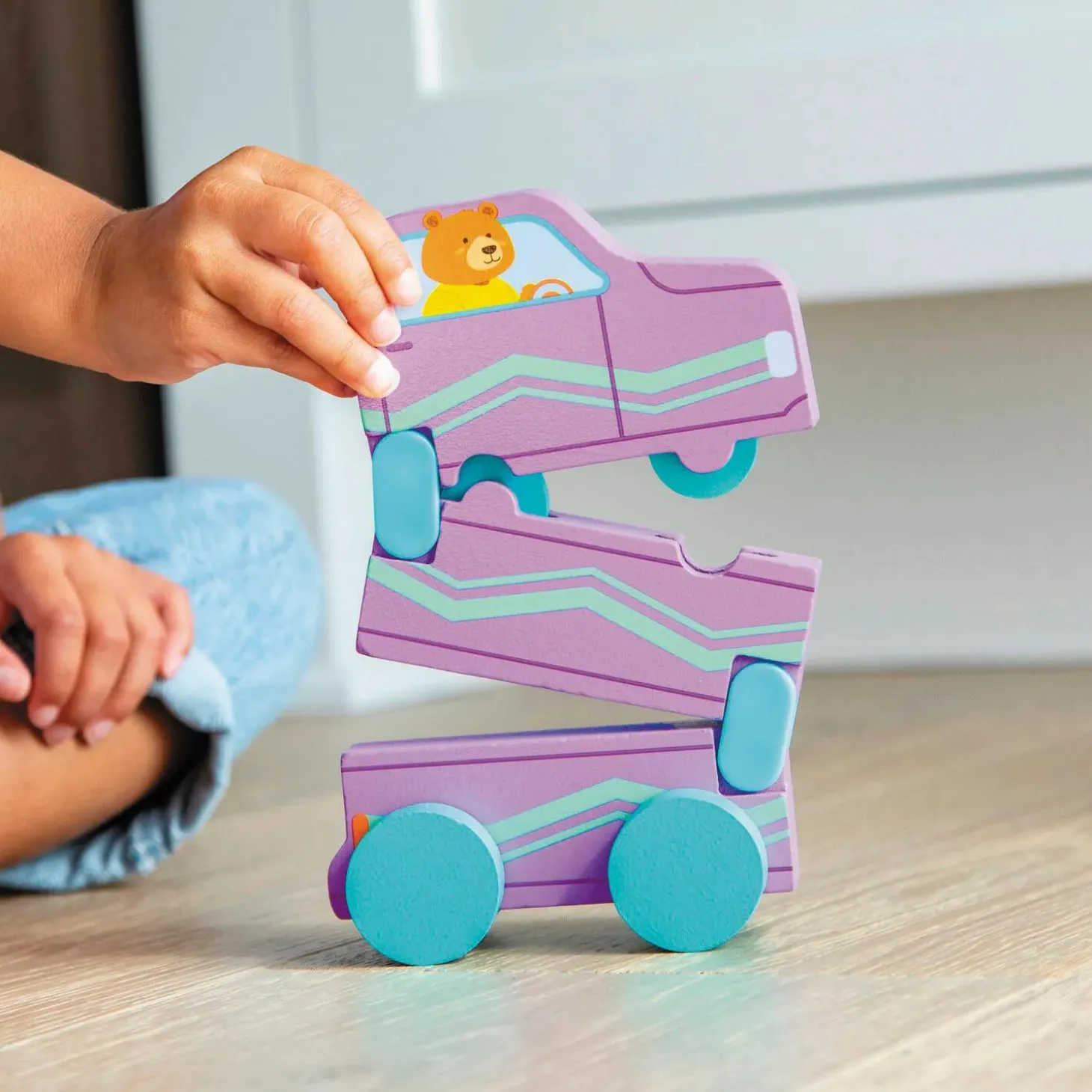Konvertibles Transforming Wooden Trucks – 2-Piece Flip & Change Vehicle Set with Portable 3-D Roadway Play Scene