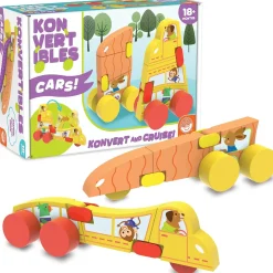 Konvertibles Transforming Wooden Cars – 2-Piece Flip & Change Vehicle Set with Portable 3-D Roadway Play Scene