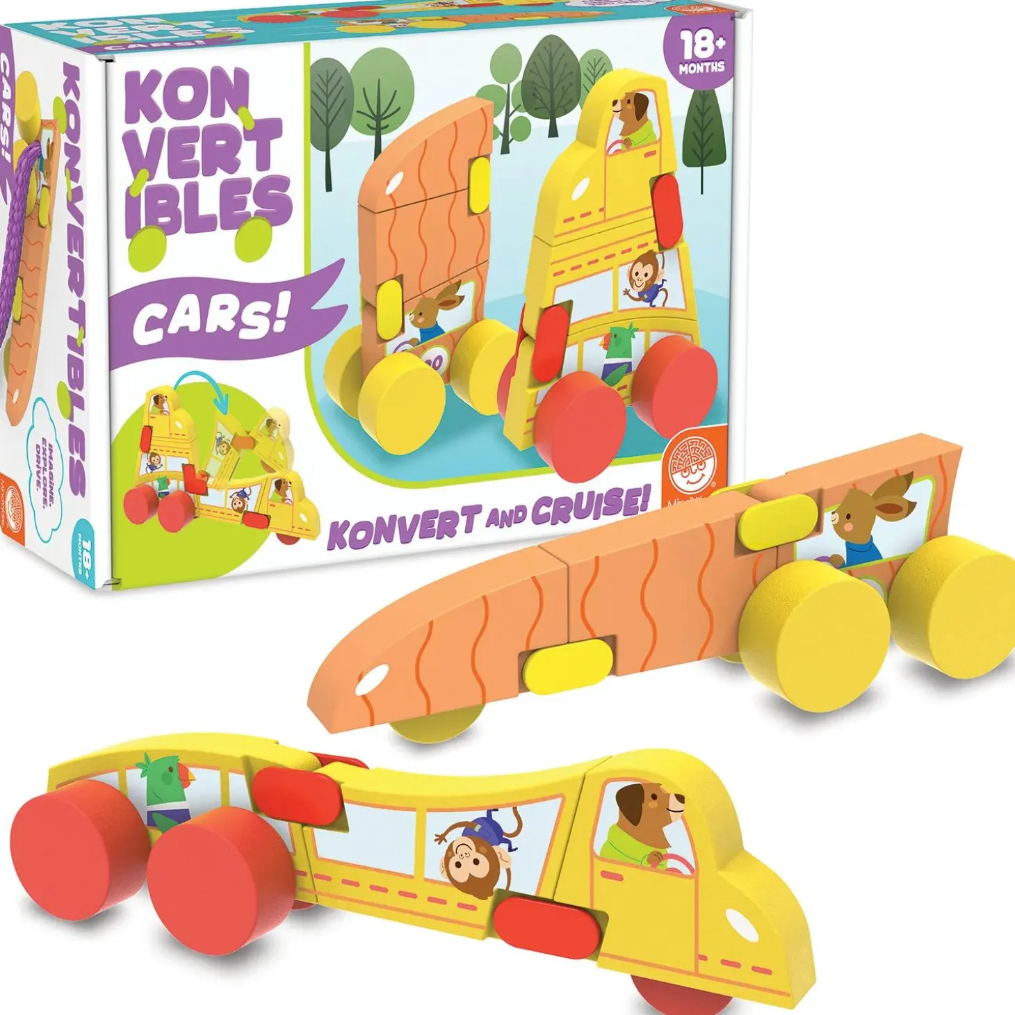 Konvertibles Transforming Wooden Cars – 2-Piece Flip & Change Vehicle Set with Portable 3-D Roadway Play Scene