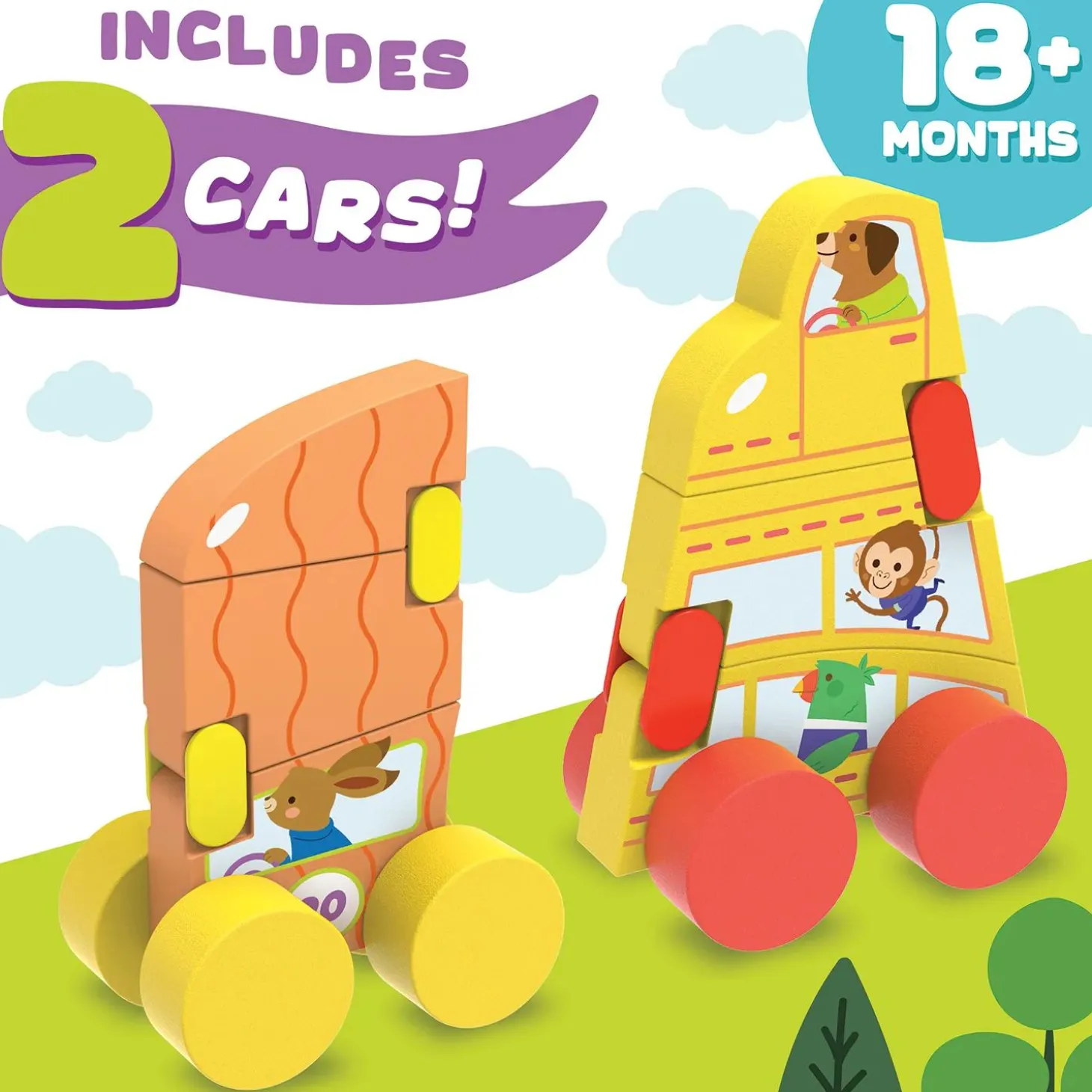 Konvertibles Transforming Wooden Cars – 2-Piece Flip & Change Vehicle Set with Portable 3-D Roadway Play Scene