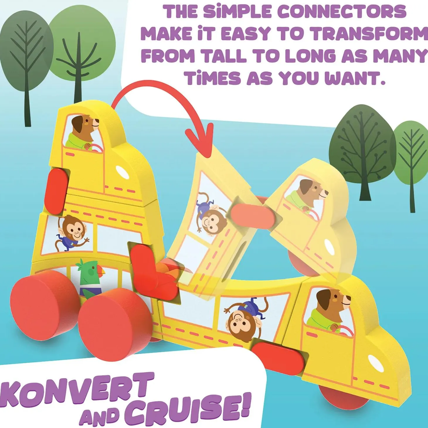 Konvertibles Transforming Wooden Cars – 2-Piece Flip & Change Vehicle Set with Portable 3-D Roadway Play Scene