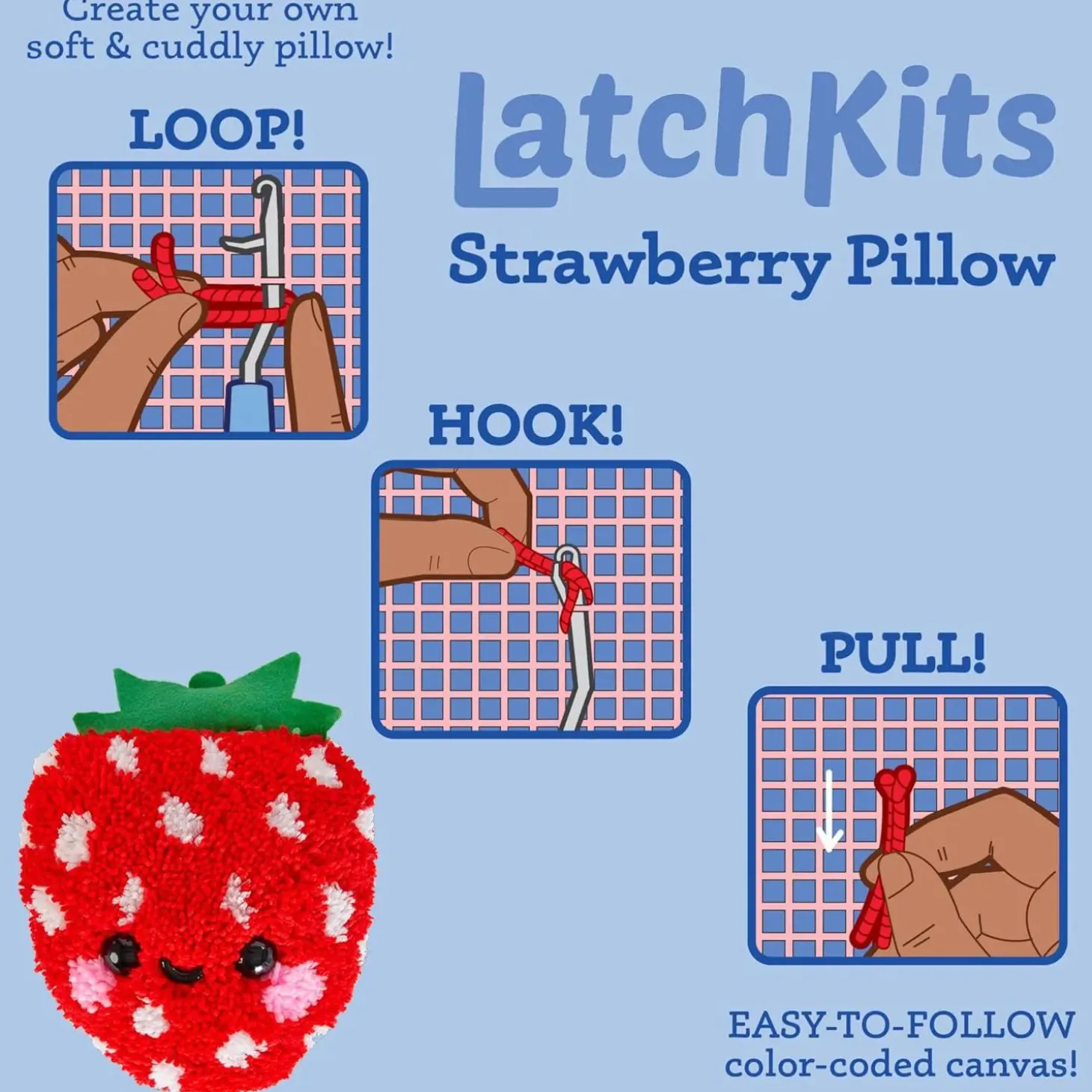 LatchKits: Strawberry Pillow Latch Hook Kit for Kids