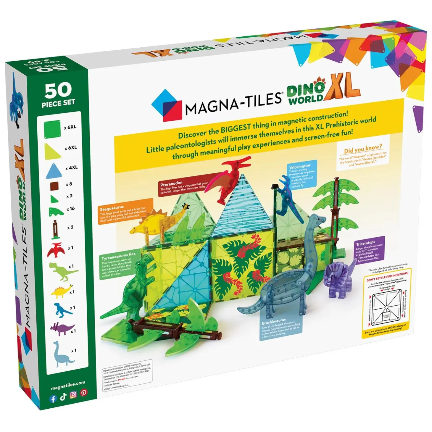 MAGNA-TILES® Dino World XL 50-Piece Magnetic Construction Set, The ORIGINAL Magnetic Building Brand