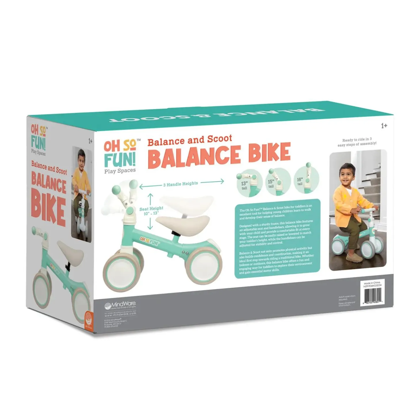 Oh So Fun! Balance and Scoot Balance Bike for Toddlers, Adjustable Ride On Training Bike