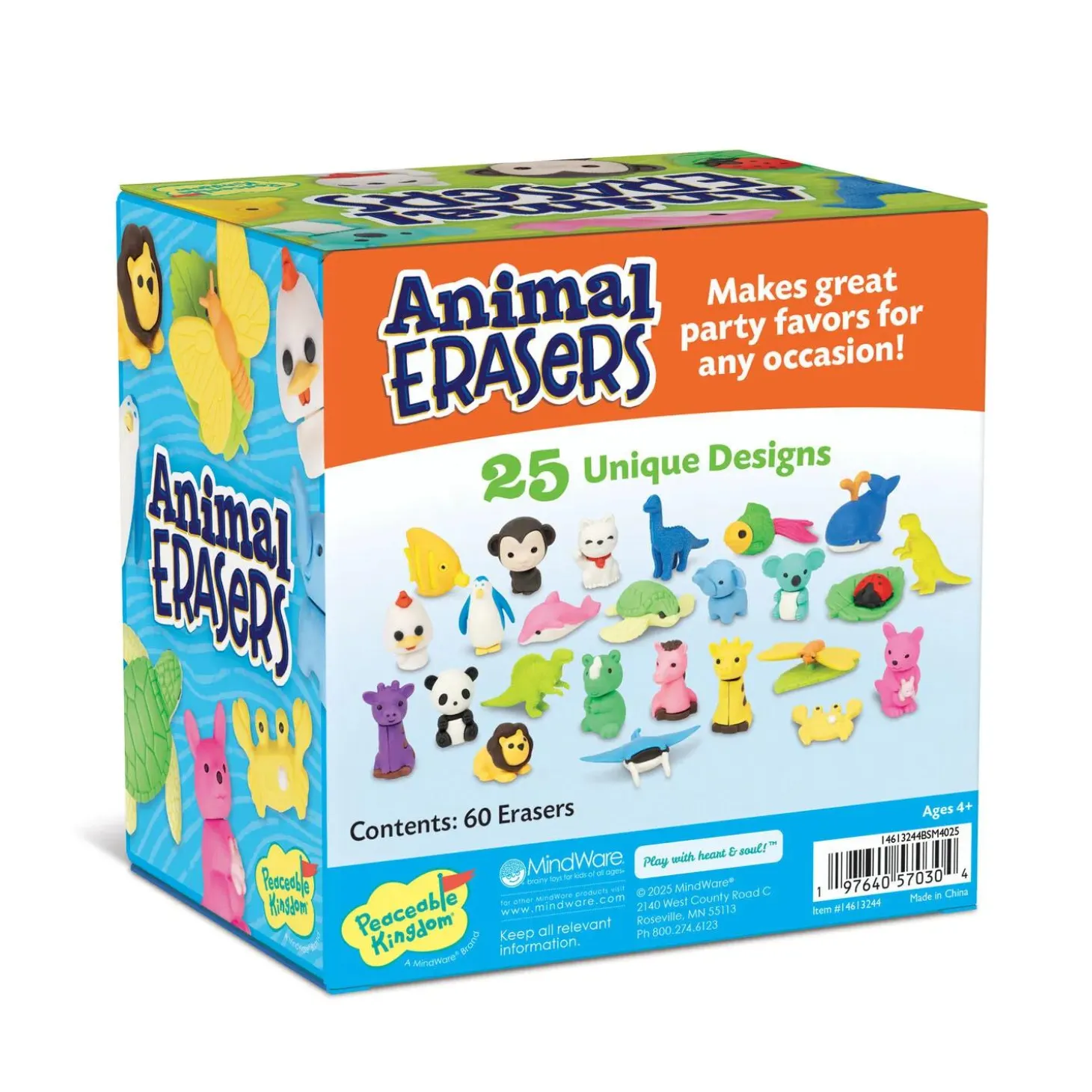 Peaceable Kingdom Animal Erasers – 60 Count, 25 Unique Designs