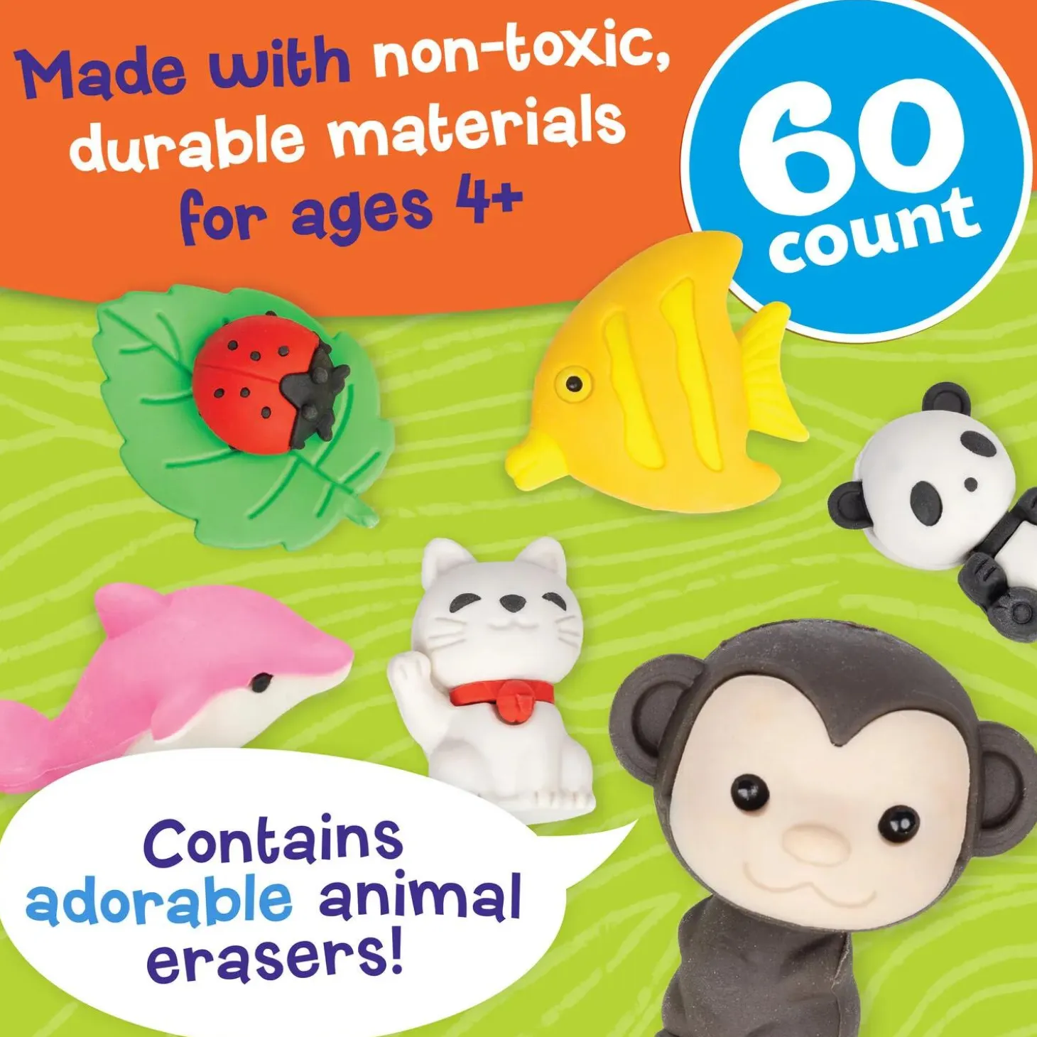 Peaceable Kingdom Animal Erasers – 60 Count, 25 Unique Designs