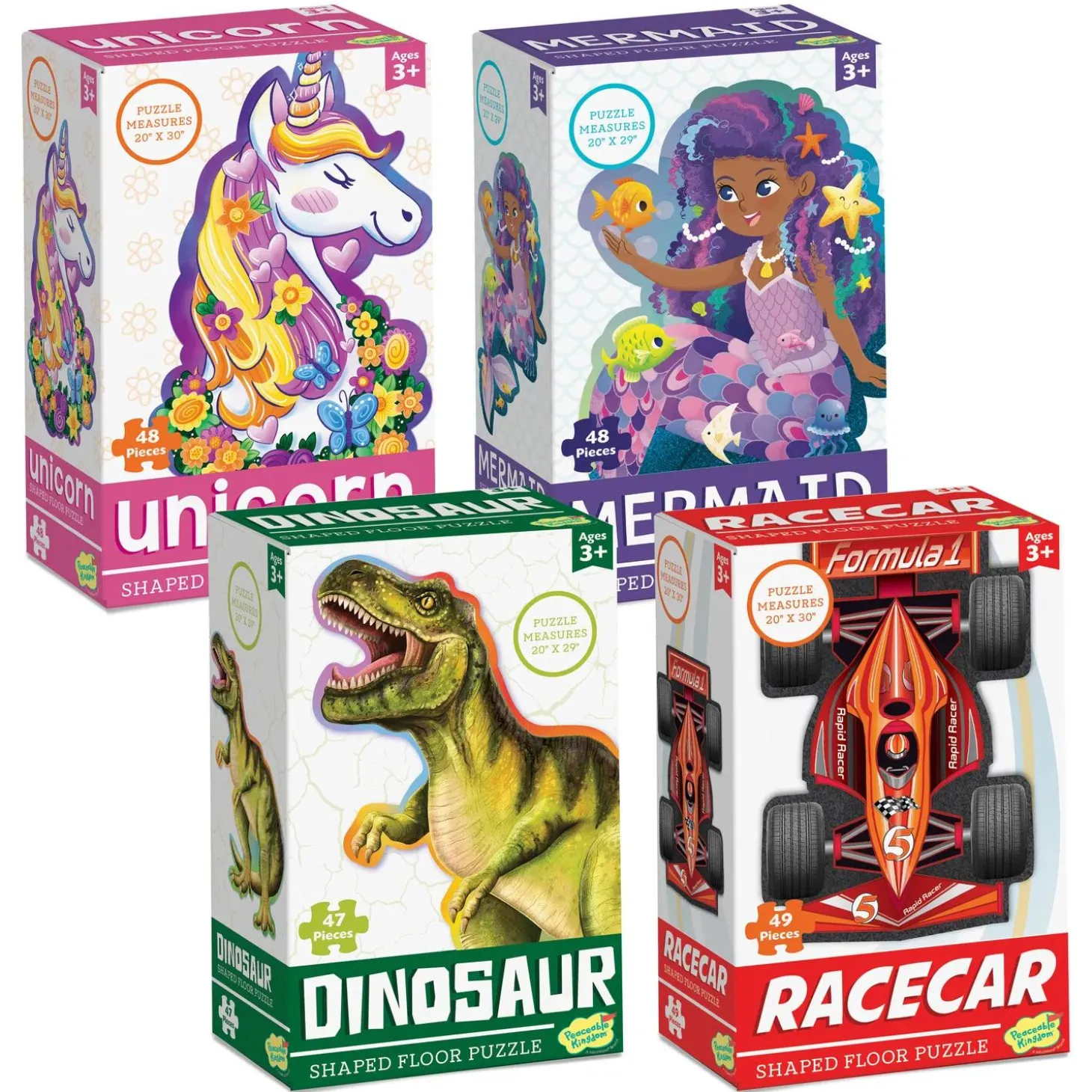 Set of 4: Dinosaur, Mermaid, Racecar & Unicorn Puzzles
