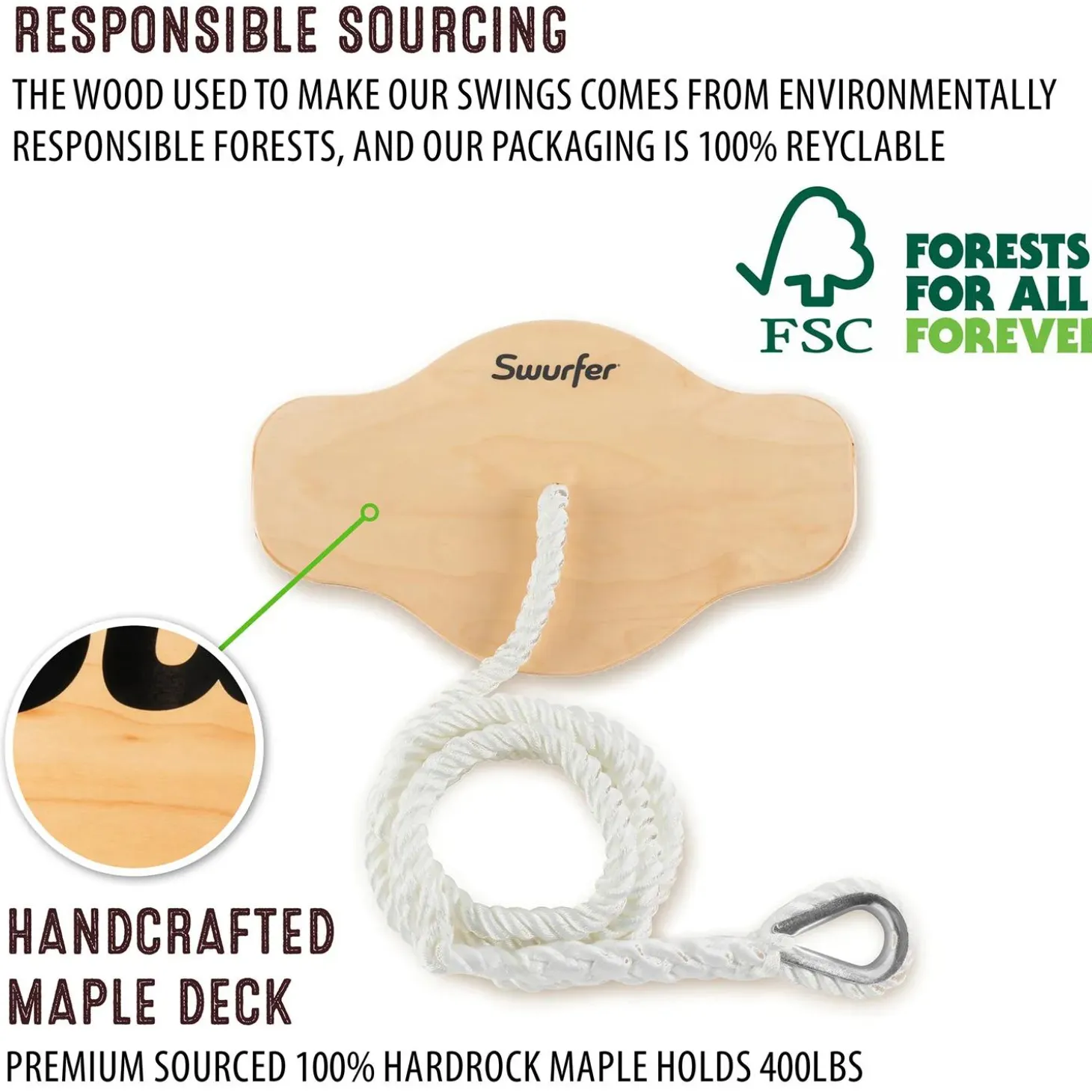 Swurfer Swift Curved Solid Maple Swing